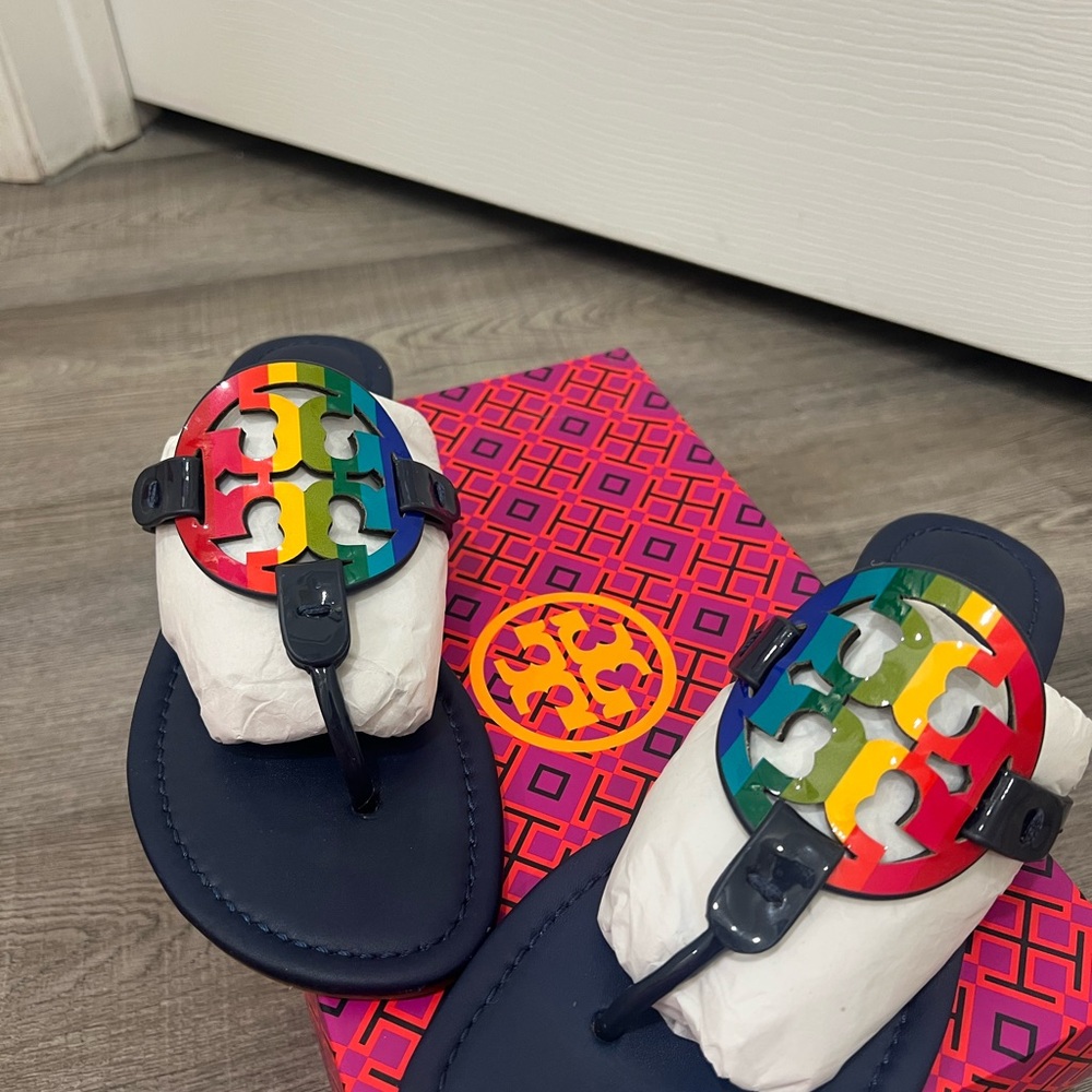 Tory Burch Navy and Multicolor Logo Sandals